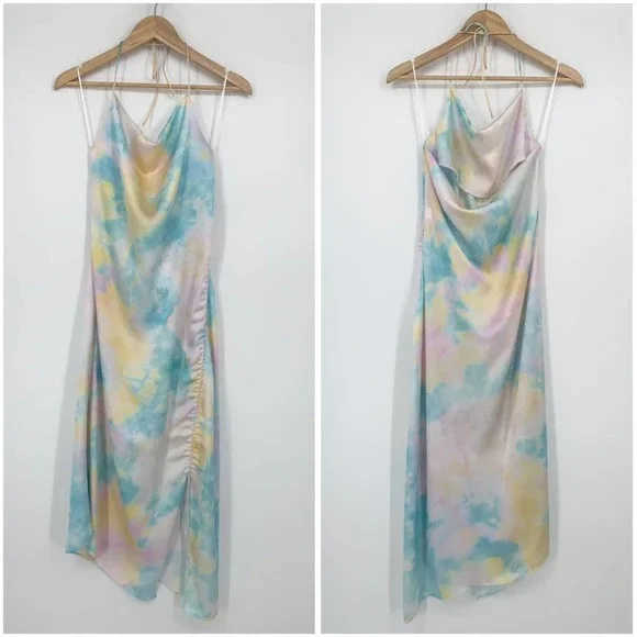 ZARA Satin Tie Dye Camisole Rainbow Side Cinch Strappy Midi Halter Cami Dress - Picture 6 of 15